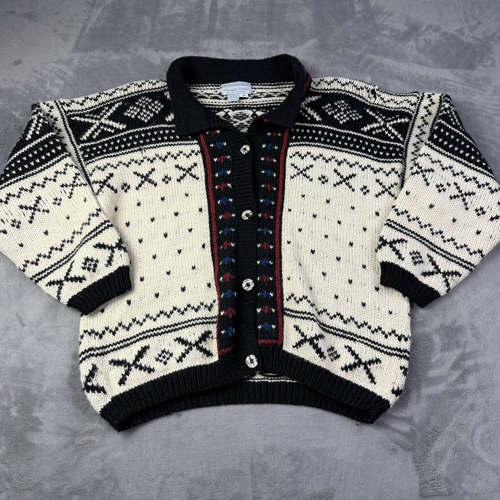Nordic Traders Sweater Cardigan Mens Medium Black‎ White Wool Fair Isle Knit